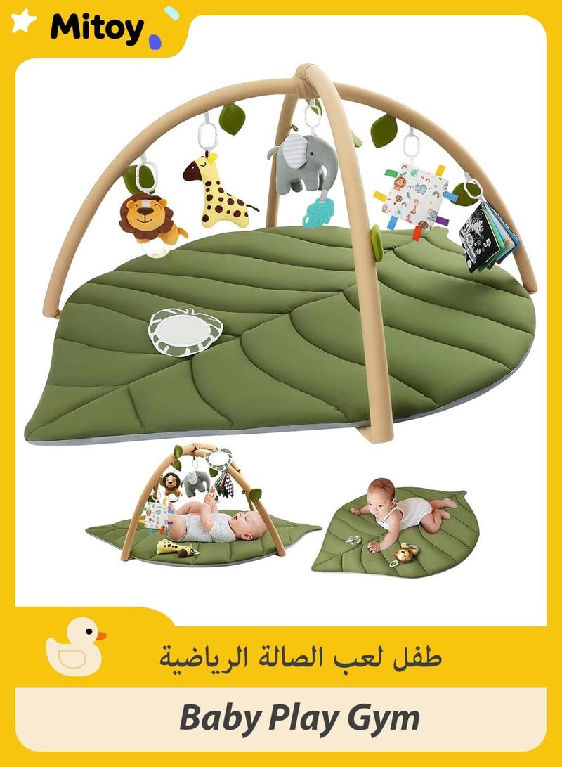 Mitoy Baby Play Gym & Activity Mat, Oversize Leaf Shaped Baby Play Mat w 6 Detachable Toys, Tummy Time Mat Promote Motor Skills & Sensory Development Mat - Image 1